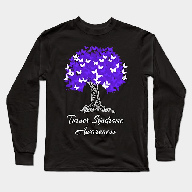 Turner Syndrome Awareness Purple Ribbon Tree With Butterflies Long Sleeve T-Shirt by MerchAndrey